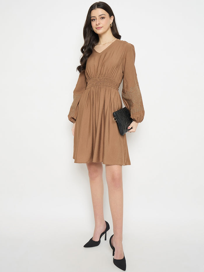 Madame Brown Rayon Nylon Blend Embroidered Dress