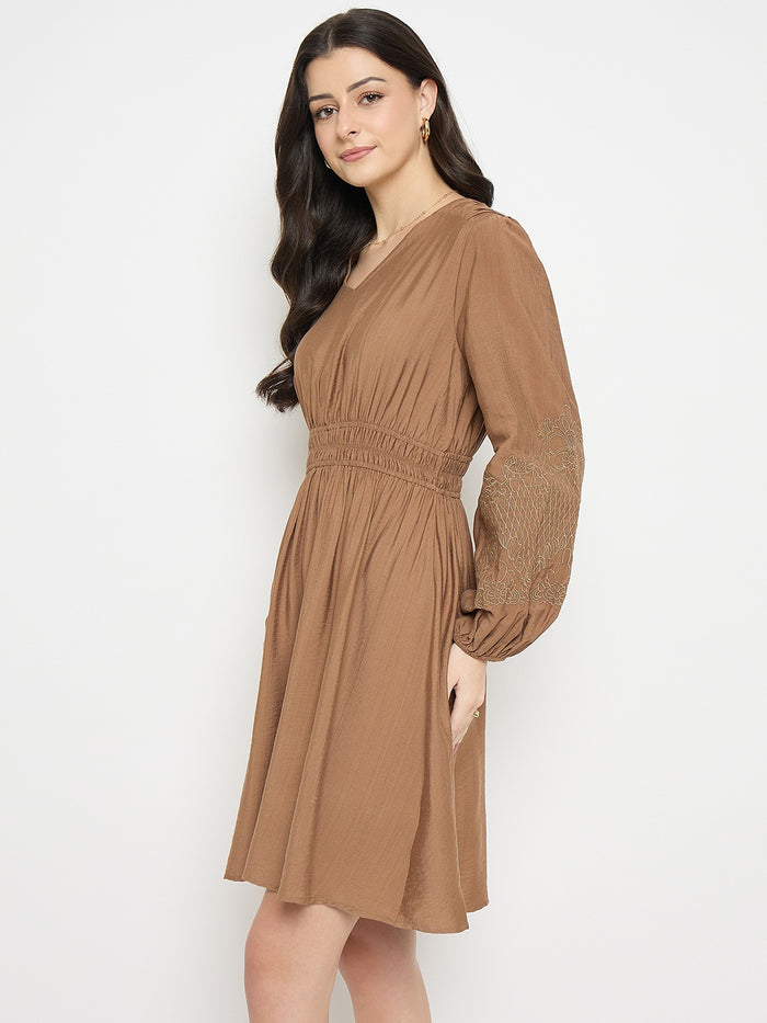 Madame Brown Rayon Nylon Blend Embroidered Dress