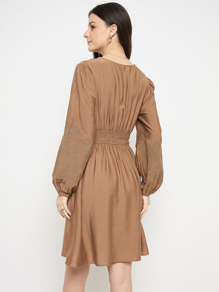 Madame Brown Rayon Nylon Blend Embroidered Dress