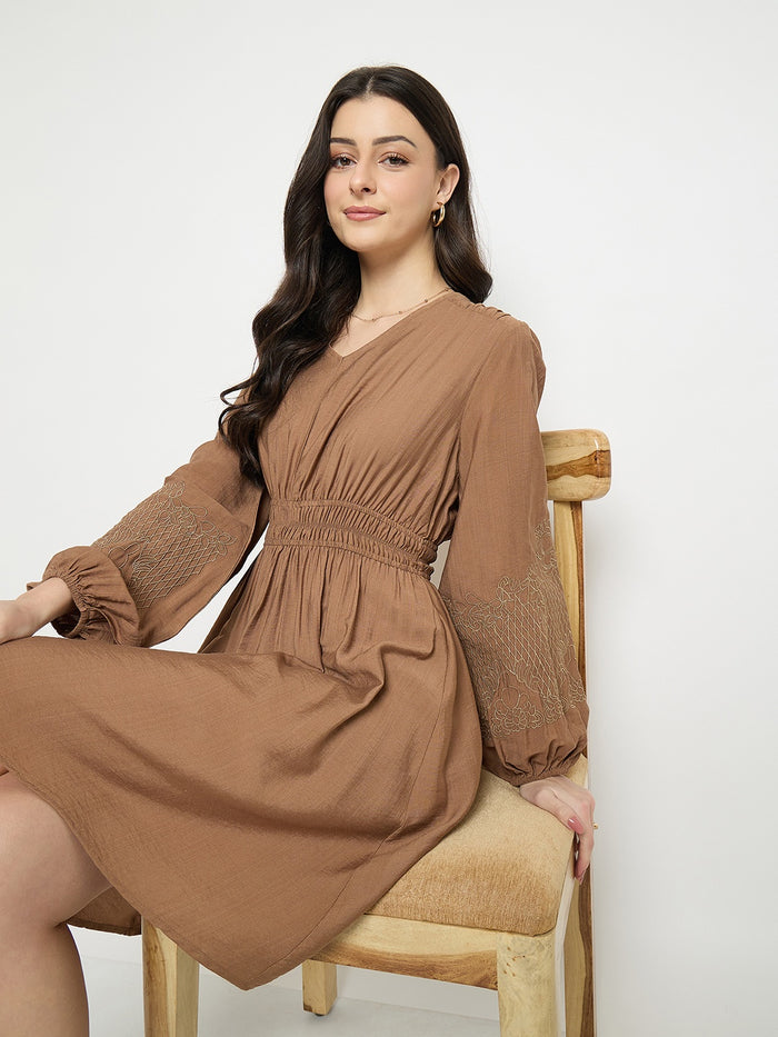 Madame Brown Rayon Nylon Blend Embroidered Dress