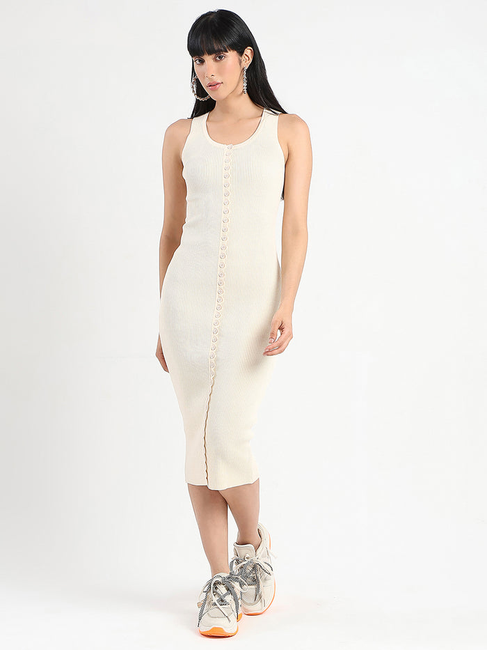 Madame Button Detail Beige Bodycon Dress