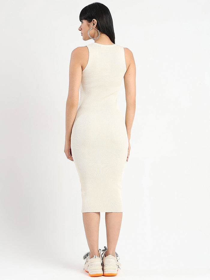 Madame Button Detail Beige Bodycon Dress