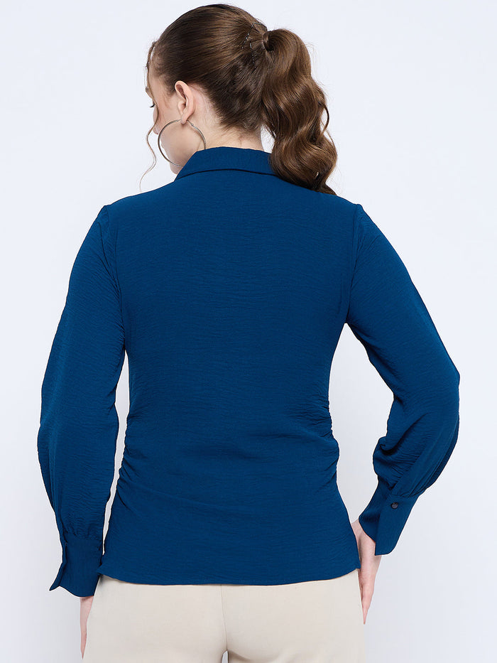 Madame Button Down Wing Necked Side Ruched Solid Teal Shirt