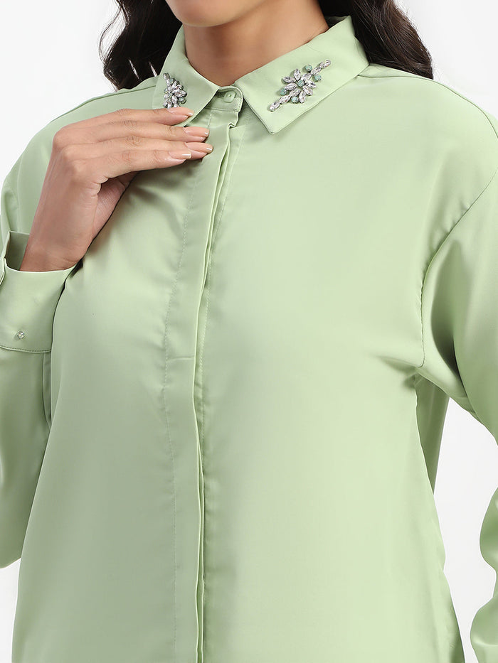 Madame Collar And Sleeve Embellished Green Shirt