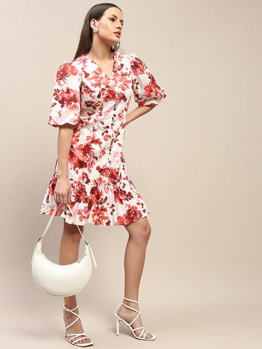 Madame Cotton Floral Print Tiered Red Mini Dress