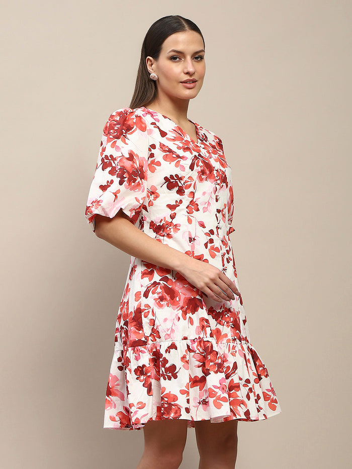 Madame Cotton Floral Print Tiered Red Mini Dress