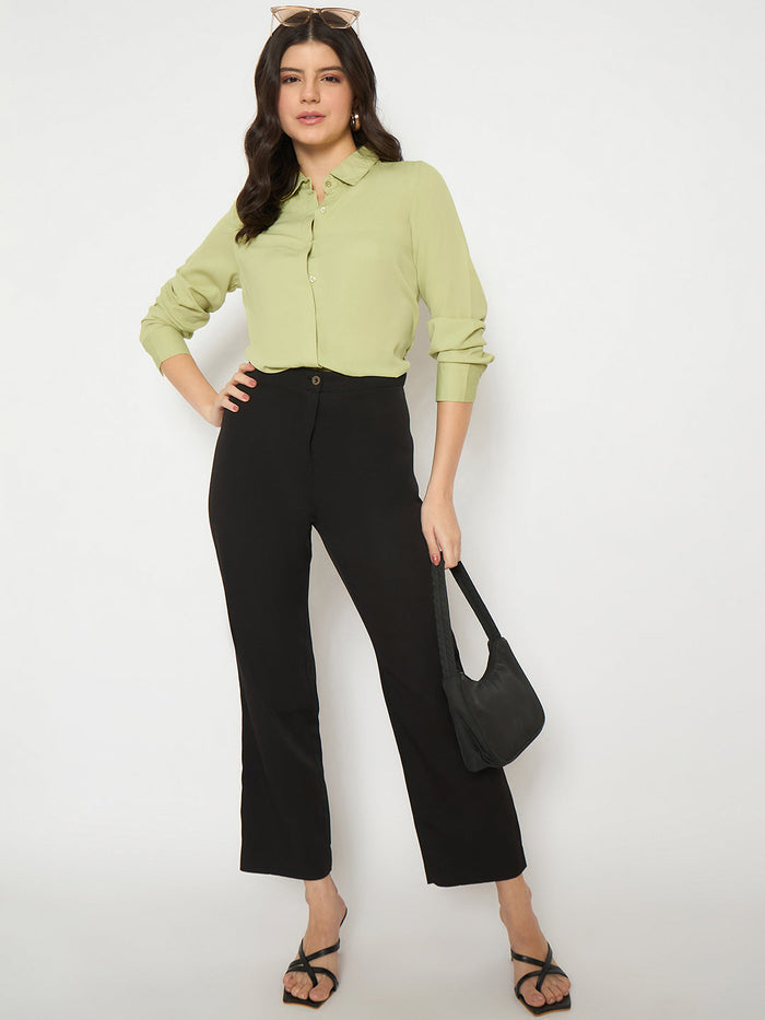 Madame Cuff Sleeve Solid Green Shirt