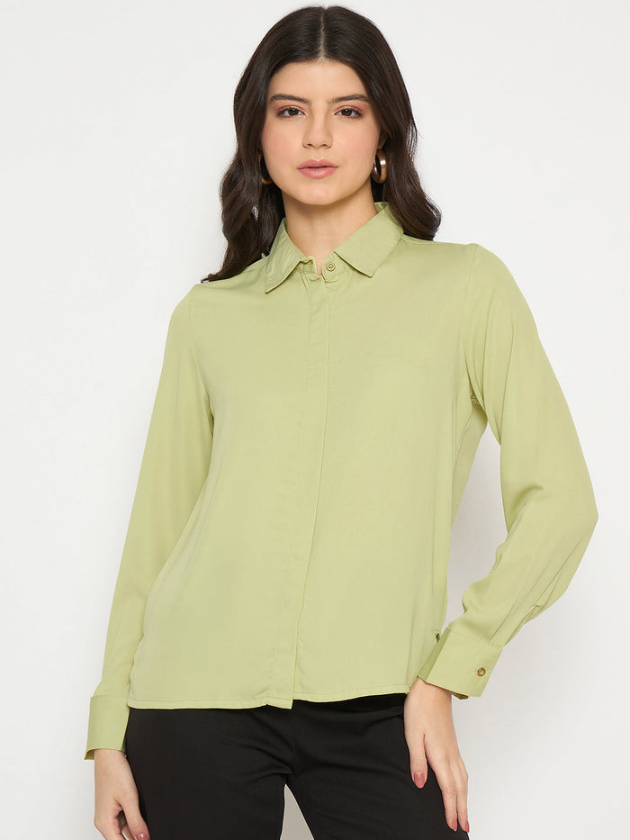 Madame Cuff Sleeve Solid Green Shirt