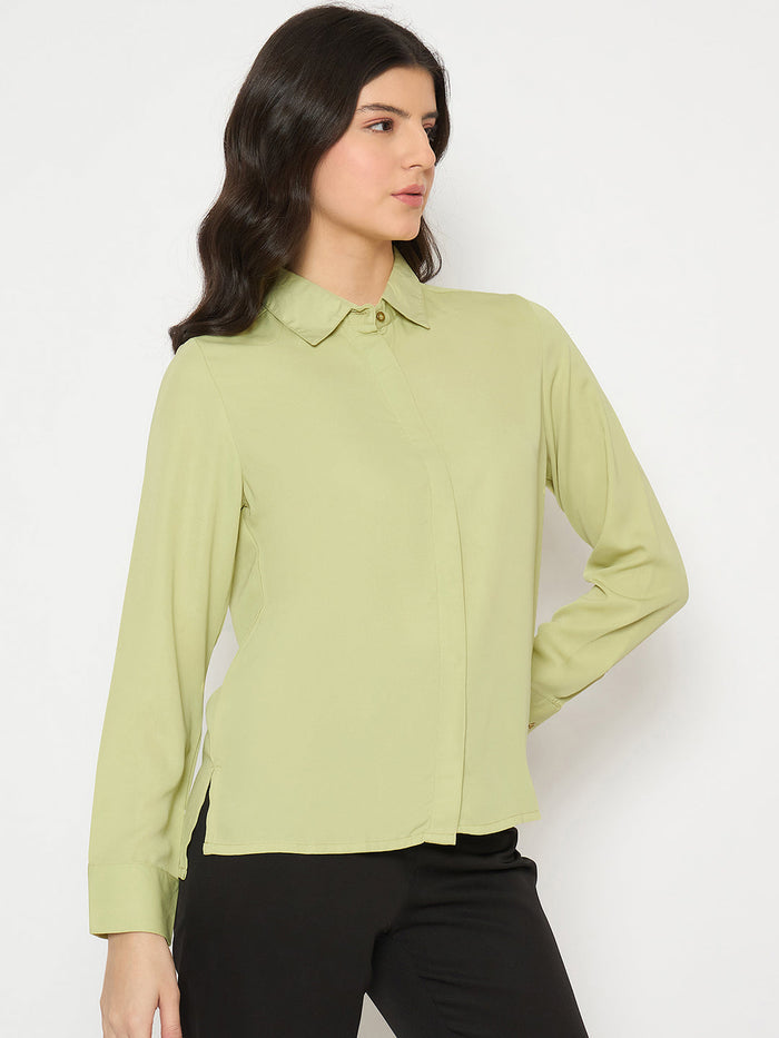 Madame Cuff Sleeve Solid Green Shirt
