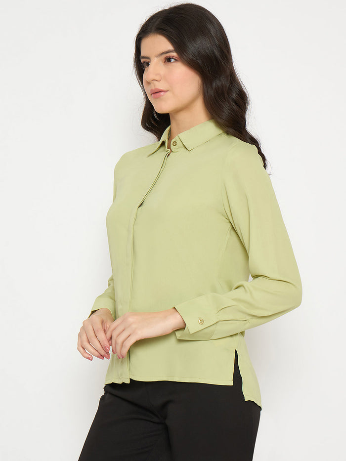 Madame Cuff Sleeve Solid Green Shirt