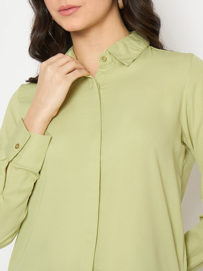 Madame Cuff Sleeve Solid Green Shirt