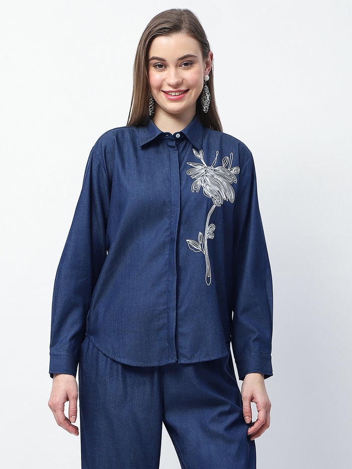 Madame Dori Embroidered Navy Blue Cotton Blend Shirt