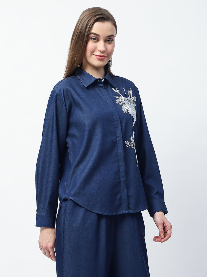 Madame Dori Embroidered Navy Blue Cotton Blend Shirt