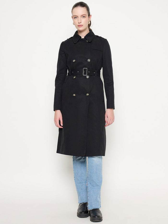Madame Double Breasted Buckled Belt Black Trench Coat