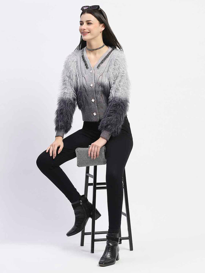 Madame Embellished Ombre V Neck Grey Sweater