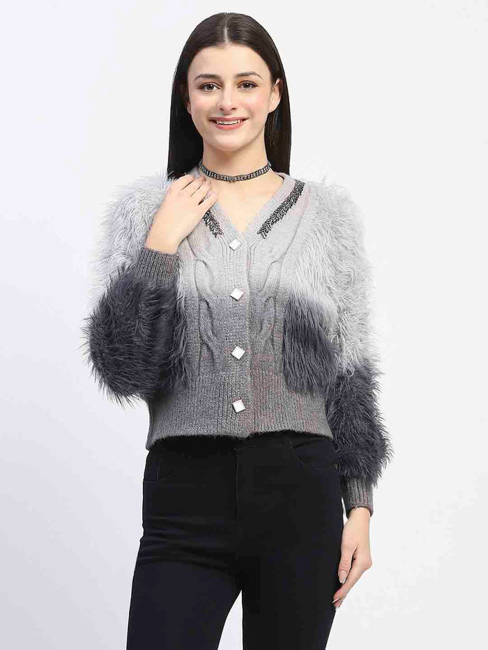 Madame Embellished Ombre V Neck Grey Sweater