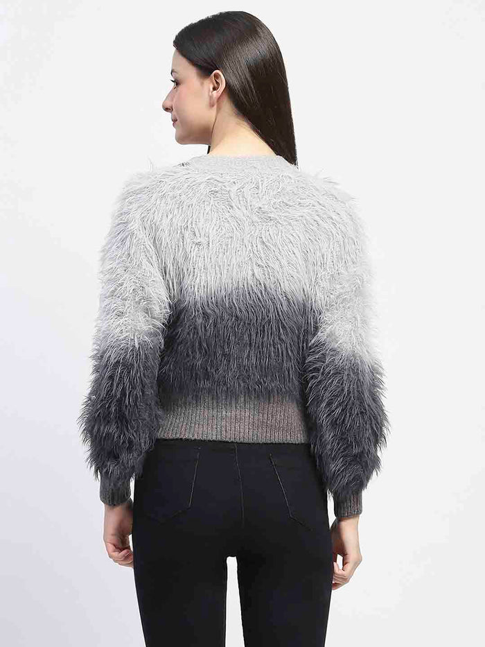 Madame Embellished Ombre V Neck Grey Sweater