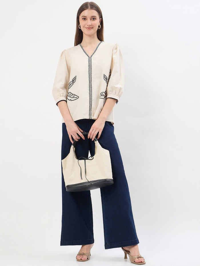 Madame Embroidery Beige Cotton Blend Top