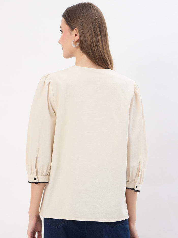 Madame Embroidery Beige Cotton Blend Top