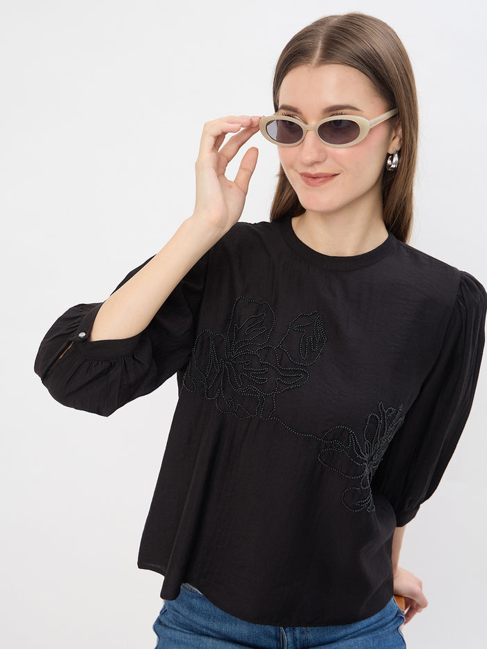 Madame Embroidery Black Rayon Blend Top