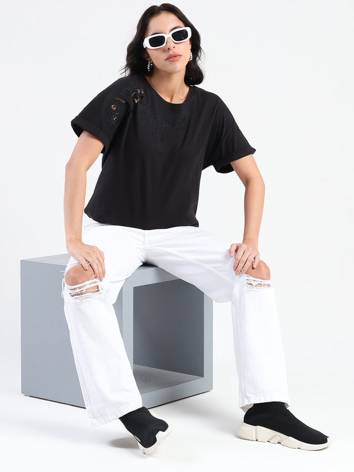 Madame Embroidery Cutwork Detail Solid Black Cotton T-shirt