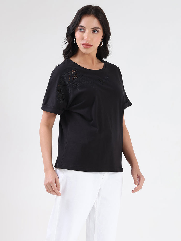 Madame Embroidery Cutwork Detail Solid Black Cotton T-shirt