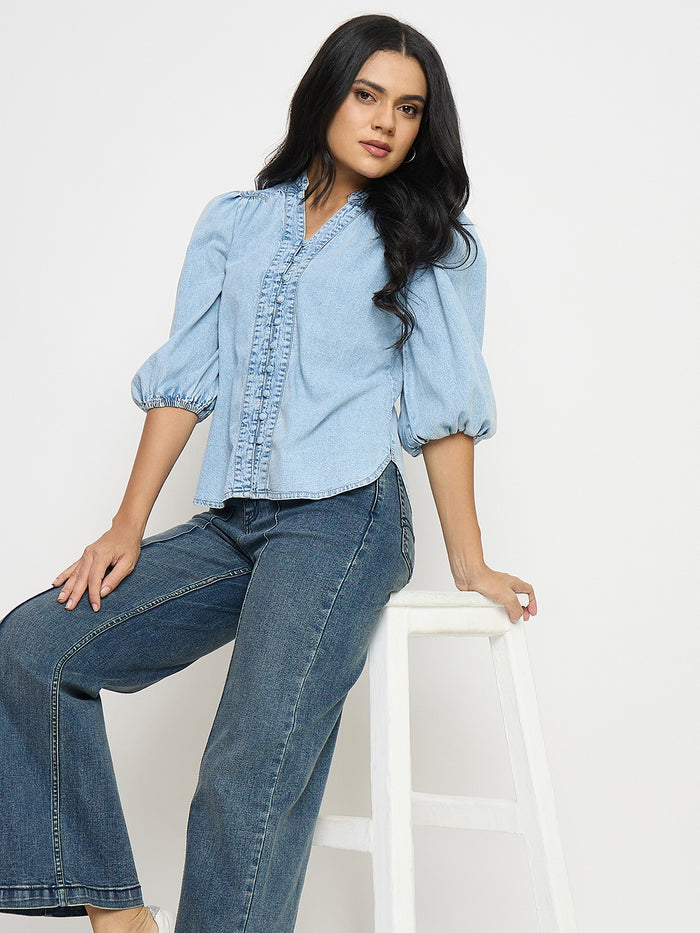 Madame Embroidery Detail Powder Blue Cotton Top