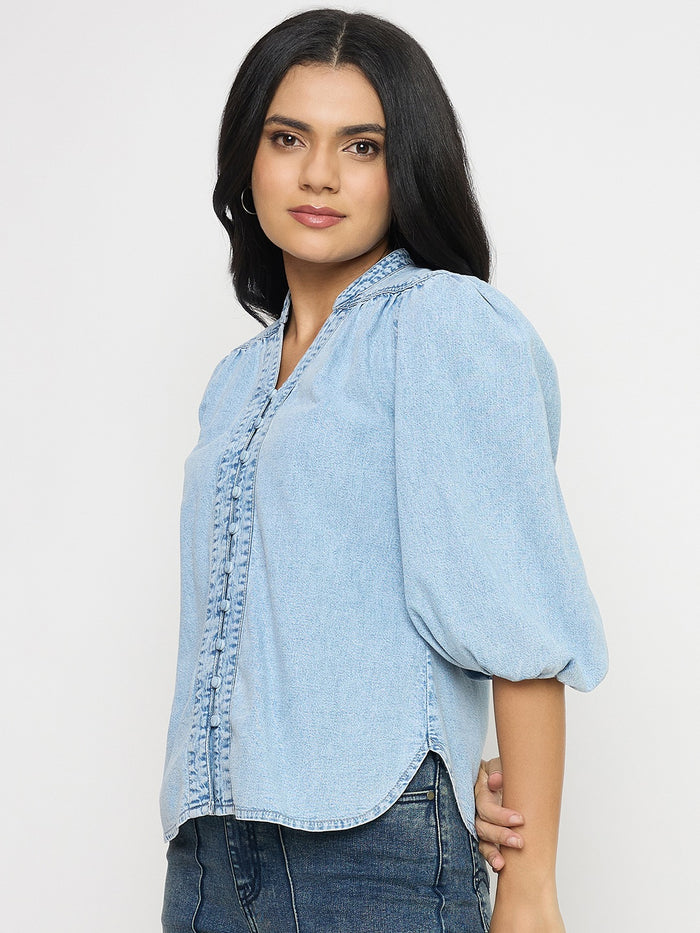 Madame Embroidery Detail Powder Blue Cotton Top
