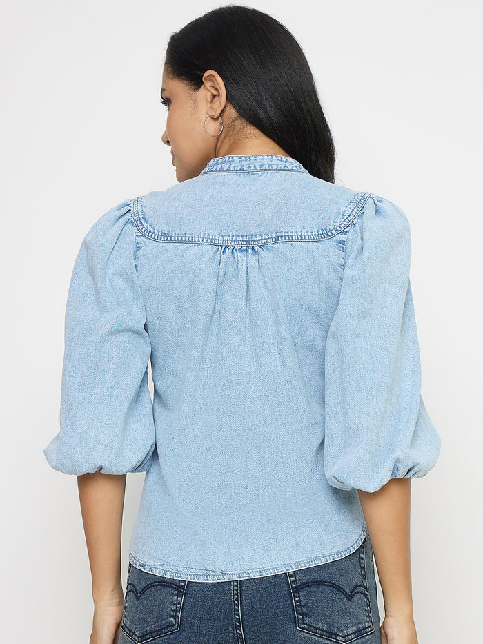 Madame Embroidery Detail Powder Blue Cotton Top