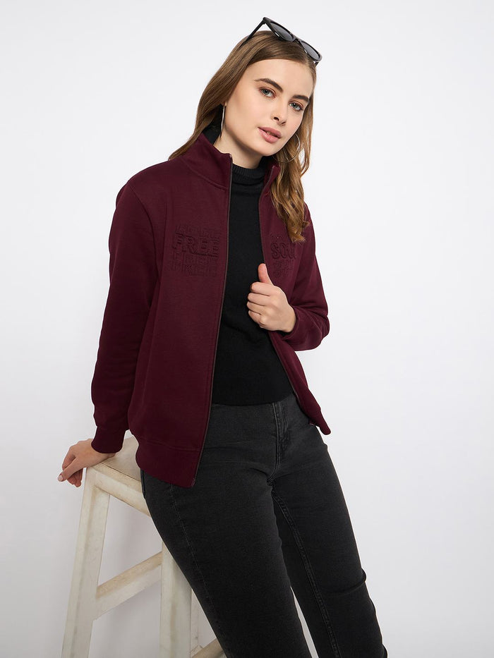 Madame Embroidery Detailied Wine Fleece Sweatshirt