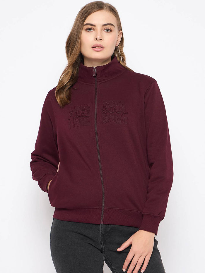 Madame Embroidery Detailied Wine Fleece Sweatshirt