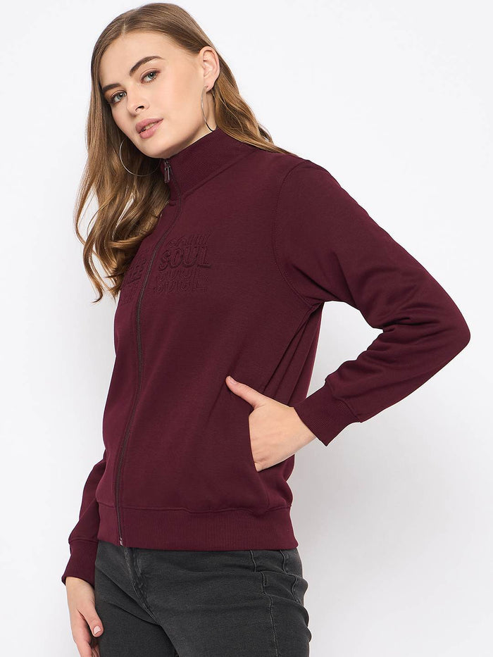Madame Embroidery Detailied Wine Fleece Sweatshirt