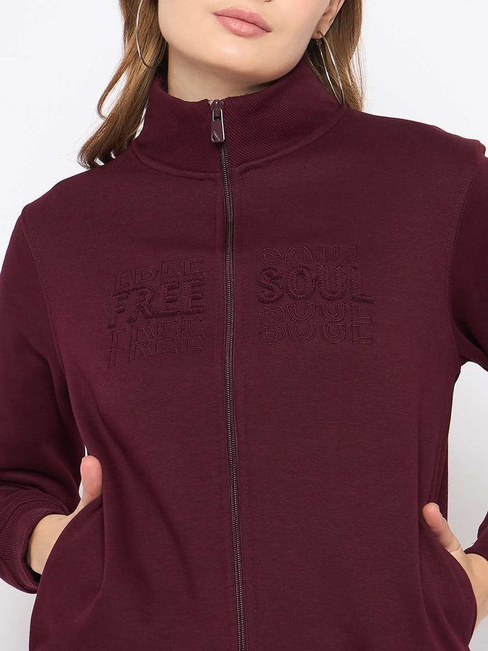 Madame Embroidery Detailied Wine Fleece Sweatshirt