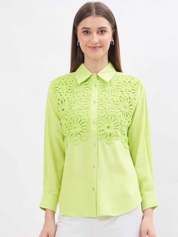 Madame Embroidery Patchwork Pear Green Viscose Shirt