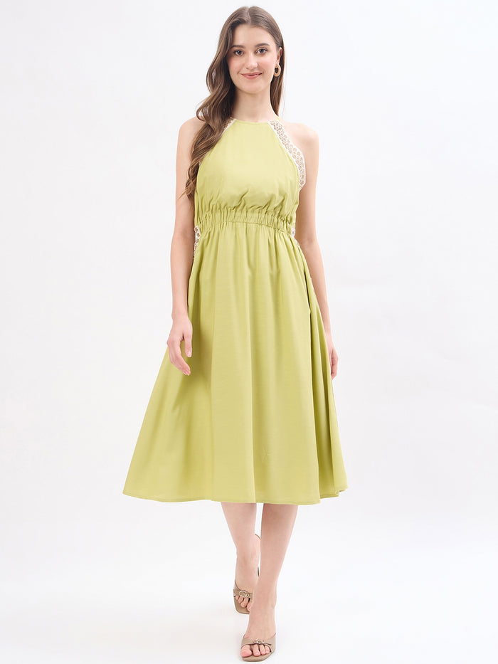Madame Embroidery Trim Cinched Flare Viscose Dress
