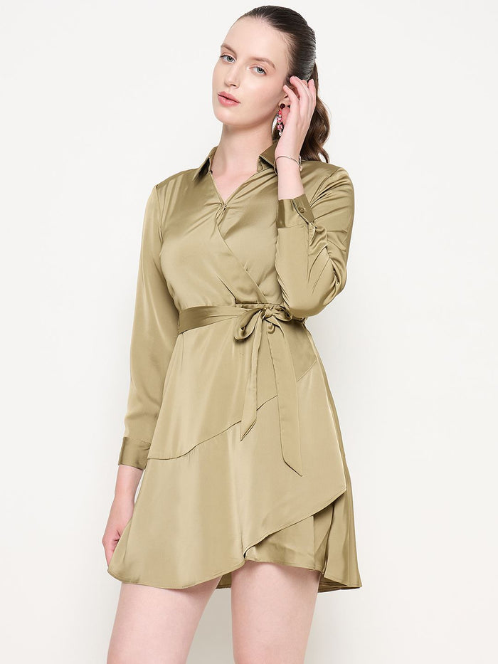 Madame Fabric Belted Cuff Sleeve Solid Green Satin Short Dress