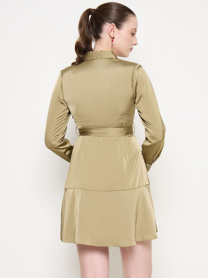 Madame Fabric Belted Cuff Sleeve Solid Green Satin Short Dress