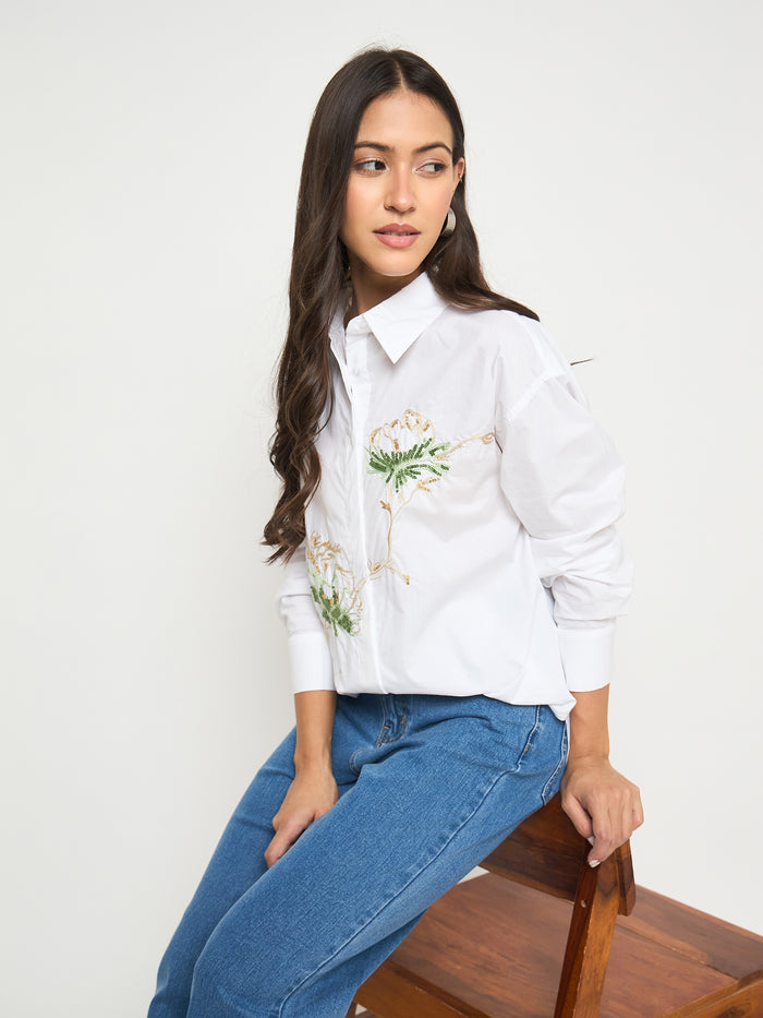 Madame Floral Embroidery White Cotton Shirt
