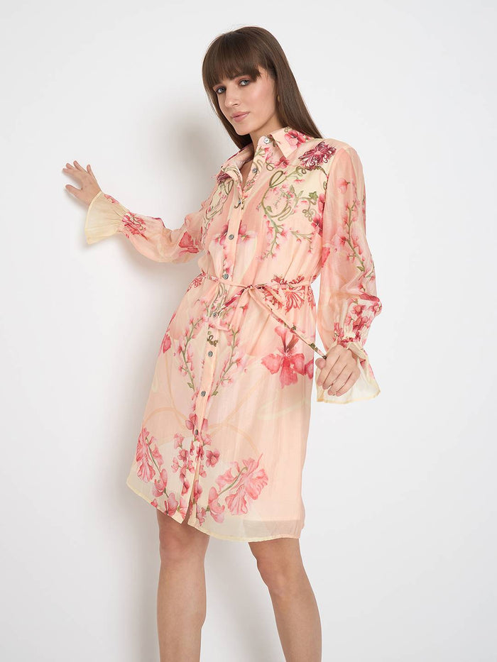 Madame Floral Print Peach Midi Shirt Dress