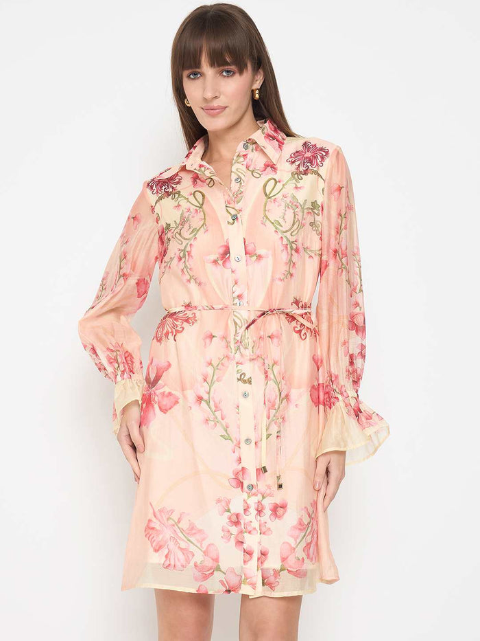 Madame Floral Print Peach Midi Shirt Dress