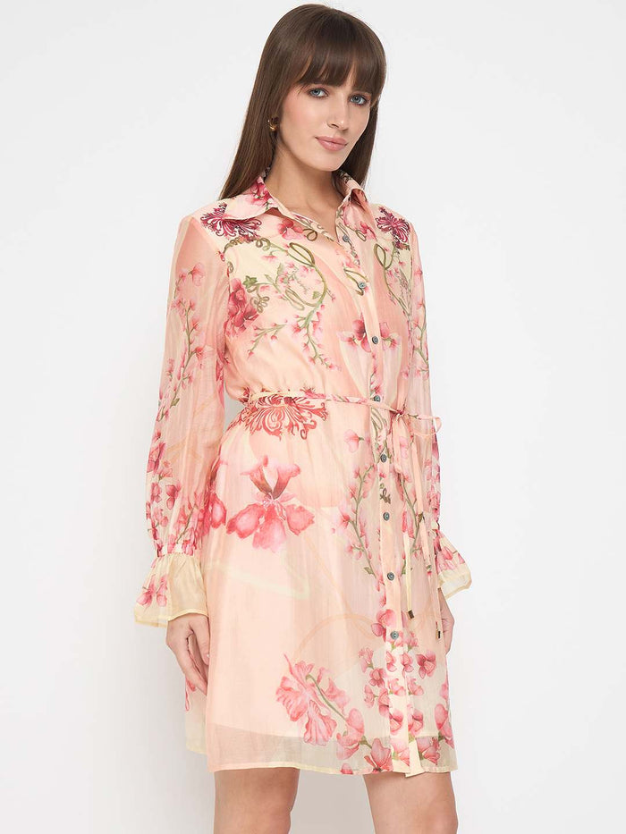 Madame Floral Print Peach Midi Shirt Dress