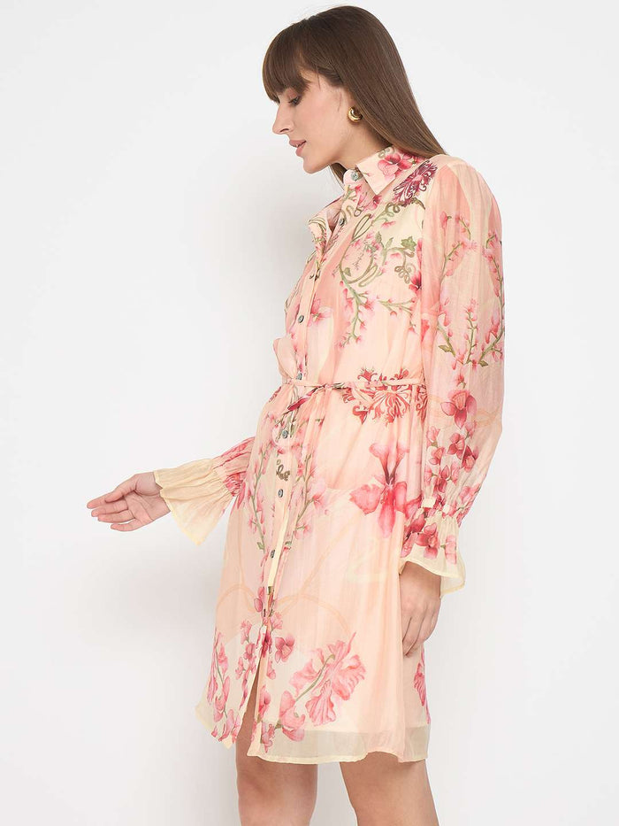 Madame Floral Print Peach Midi Shirt Dress