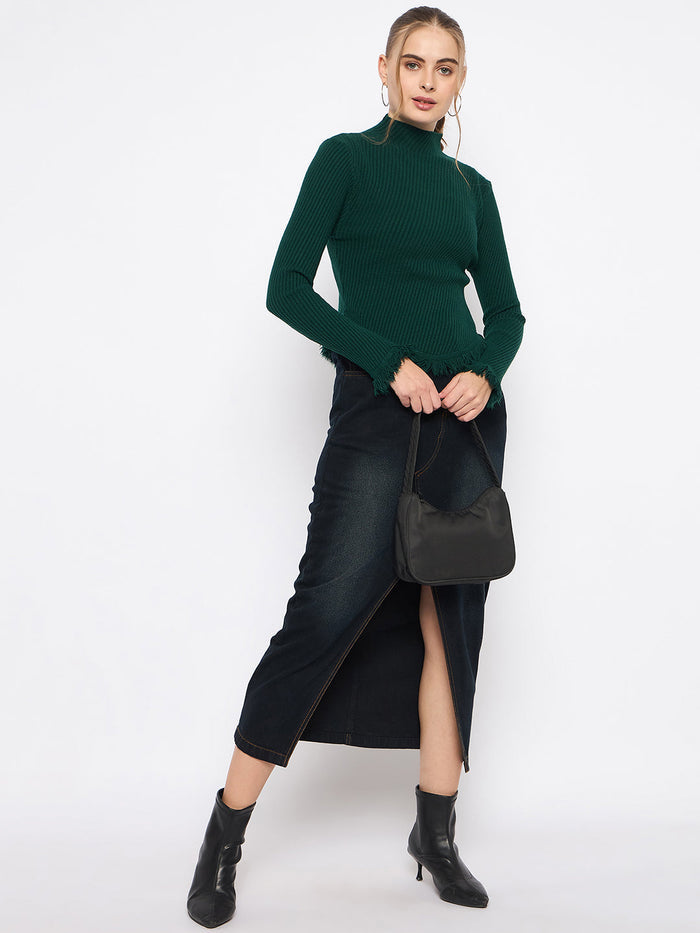 Madame Fringe Hem Mock Neck Green Sweater
