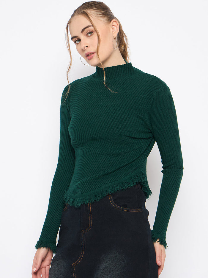 Madame Fringe Hem Mock Neck Green Sweater