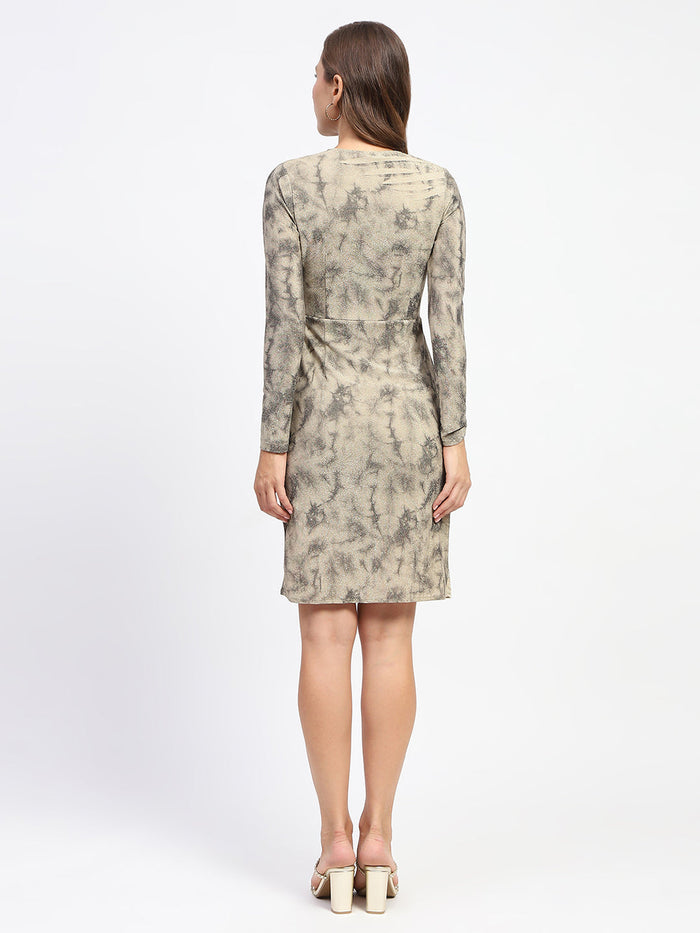 Madame Front Overlapping Printed Golden Bodycon Mesh Dress