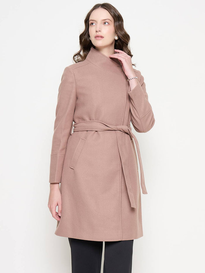 Madame Front Pocketed Textured Blush Long Wrap Coat
