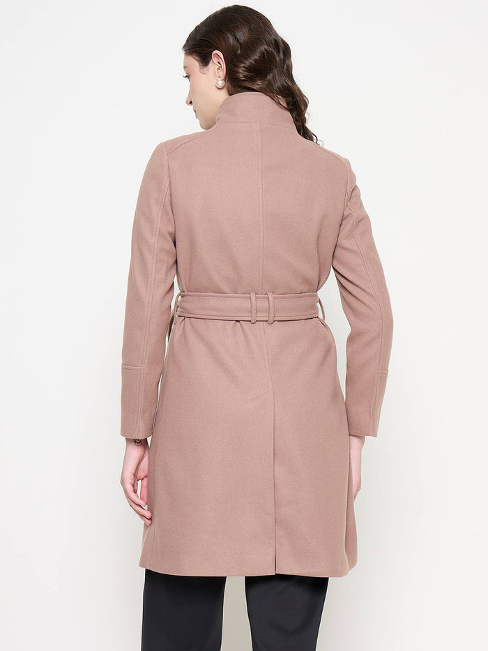 Madame Front Pocketed Textured Blush Long Wrap Coat