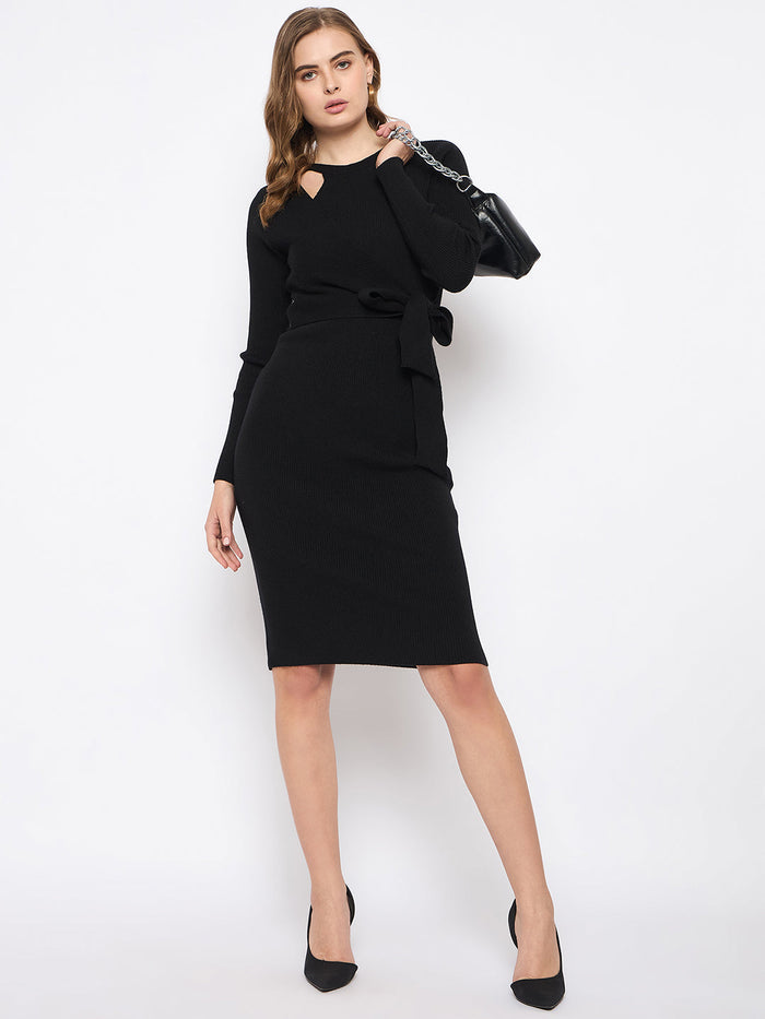 Madame Full Sleeve Tie Waist Black Knit Dress