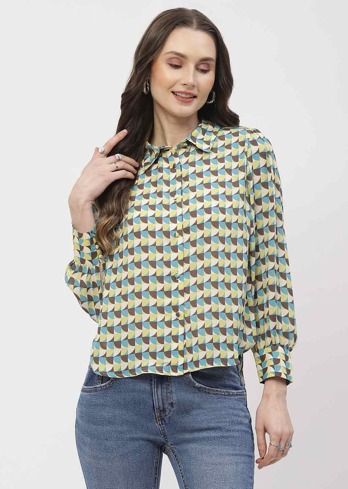 Madame Geometric Print Apple Green Regular Shirt