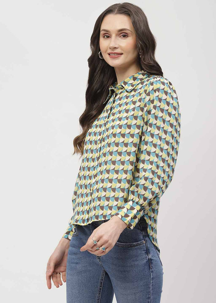 Madame Geometric Print Apple Green Regular Shirt